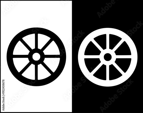 Vehicle icon, vector illustration of a wheel with silhouette design, in original and negative versions