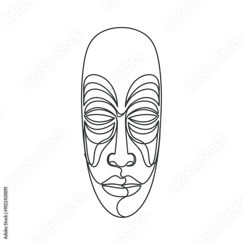 Stylized continuous line art of ethnic tribal mask with curved facial patterns