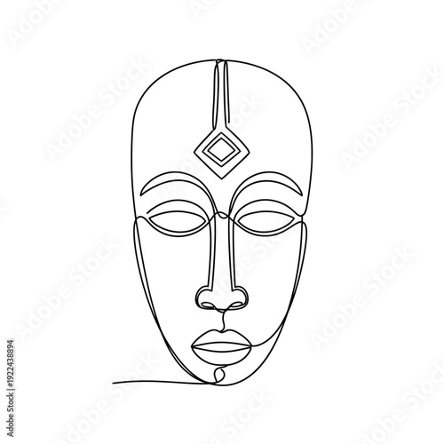 Minimalist one line tribal mask design with geometric diamond on forehead area