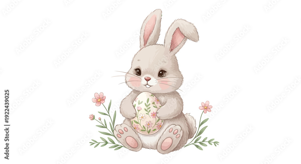Obraz premium Adorable cartoon bunny holding a colorful easter egg surrounded by pink flowers