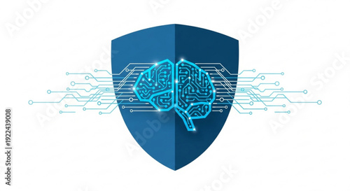 Cyber security shield with glowing blue brain and circuit board design on white background symbolizing protection and technology