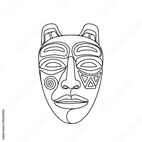 Creative ethnic mask with spiral cheek mark and triangle eye detail in one line