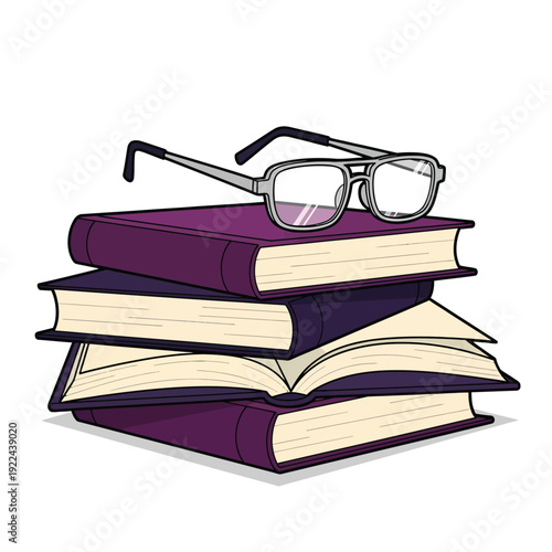 Stack of purple books with eyeglasses on book stack reading glasses