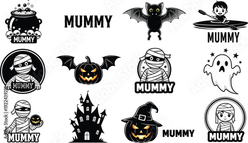 Cute mummy Halloween character set with pumpkin bat ghost and haunted house, cartoon vector illustration collection isolated on white background
