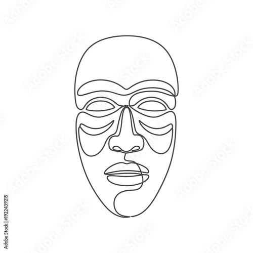 Minimalist tribal face mask continuous line art illustration for creative design