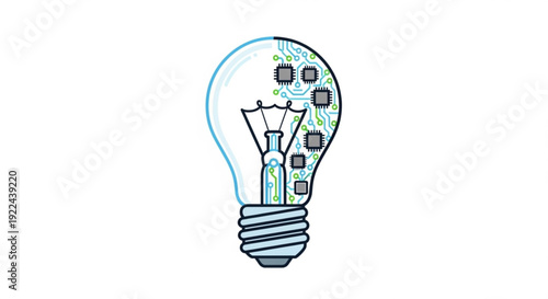 Innovative light bulb with digital circuit board and green connections on white background