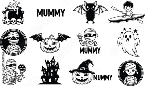 Cute mummy Halloween cartoon bundle with pumpkin bat ghost and haunted house, black and white vector illustration set isolated on white background