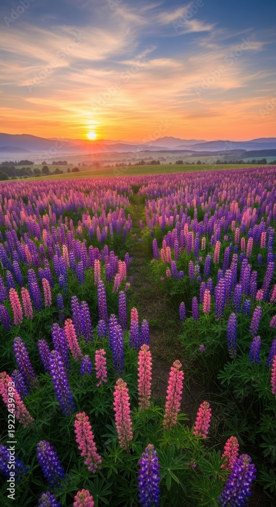 Naklejka premium Lupine Field at Sunrise - A Colorful Landscape.