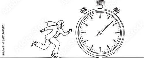 Continuous one line drawing fright Arab business woman being chased by stopwatch. Female manager afraid in project measurement. Minimalist metaphor. one line Icon drawing