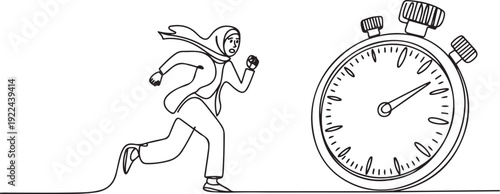 Continuous one line drawing fright Arab business woman being chased by stopwatch. Female manager afraid in project measurement. Minimalist metaphor. one line Icon drawing