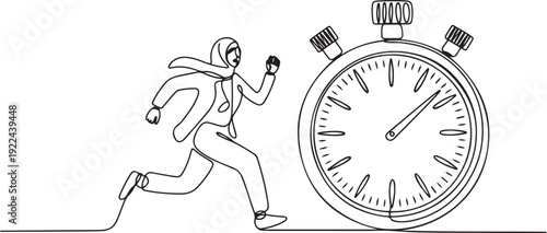 Continuous one line drawing fright Arab business woman being chased by stopwatch. Female manager afraid in project measurement. Minimalist metaphor. one line Icon drawing