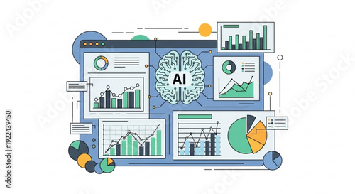 Artificial intelligence concept with brain and charts on screen data analysis and machine learning visualization