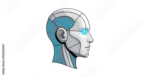 Futuristic robotic head with blue accents and glowing eye in profile view on white background