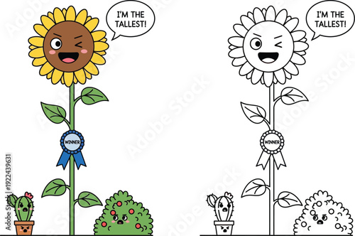 Cute Winking Sunflower Cartoon with Winner Ribbon and Shrub and Cactus in Pot