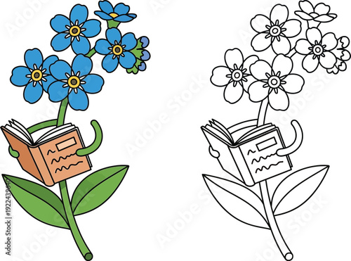 Forget Me Not Flower Reading a Book Whimsical Nature and Education Cartoon