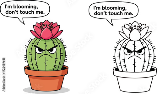 Grumpy Blooming Cactus with Dont Touch Me Speech Bubble Cute Cartoon Illustration