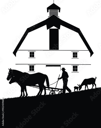 Black farm silhouette with barn farmer plowing with horses and animal icons set isolated on white background for western and agricultural design