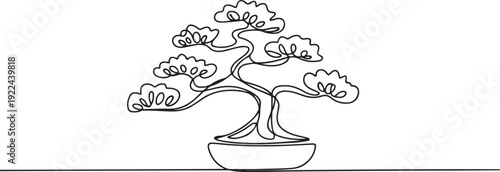 One continuous line drawing beauty and exotic mini bonsai tree for home wall decor art poster print. Old potted bonsai concept for plant shop logo. one line Icon drawing