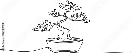 One continuous line drawing beauty and exotic mini bonsai tree for home wall decor art poster print. Old potted bonsai concept for plant shop logo. one line Icon drawing