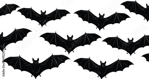 Flying Bat Silhouettes Set with Spread Wings in Various Poses, Halloween Themed Isolated Vector Illustration on White BackgroundFlying Bat Silhouettes Set with Spread Wings in Various Poses