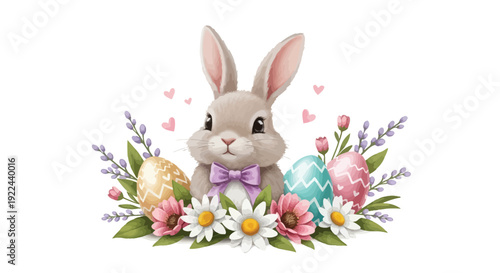 Adorable easter bunny surrounded by colorful eggs and vibrant spring flowers arrangement
