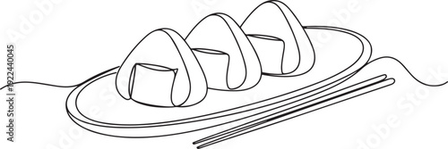 Single one line drawing 3 pieces of onigiri on an oval wooden plate and also chopsticks. Delicious Asian-style food. Appetizer. National Rice Ball Day. one line Icon drawing
