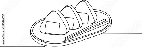 Single one line drawing 3 pieces of onigiri on an oval wooden plate and also chopsticks. Delicious Asian-style food. Appetizer. National Rice Ball Day. one line Icon drawing