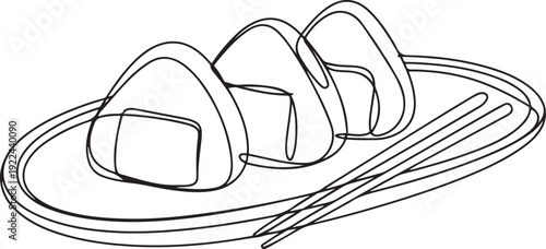 Single one line drawing 3 pieces of onigiri on an oval wooden plate and also chopsticks. Delicious Asian-style food. Appetizer. National Rice Ball Day. one line Icon drawing