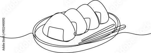 Single one line drawing 3 pieces of onigiri on an oval wooden plate and also chopsticks. Delicious Asian-style food. Appetizer. National Rice Ball Day. one line Icon drawing