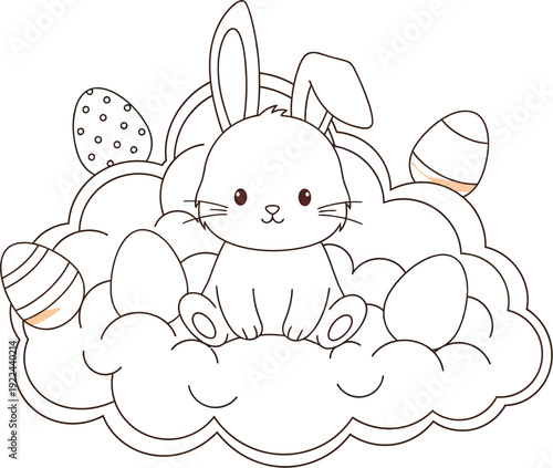 Adorable cartoon easter bunny surrounded by colorful eggs on a fluffy cloud