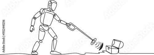 Single continuous line drawing robot with metal detector looking for chest treasure. Robotic artificial intelligence. Electronic technology industry. one line Icon drawing