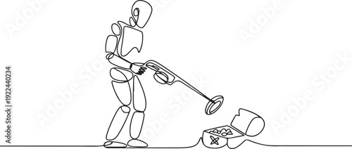 Single continuous line drawing robot with metal detector looking for chest treasure. Robotic artificial intelligence. Electronic technology industry. one line Icon drawing