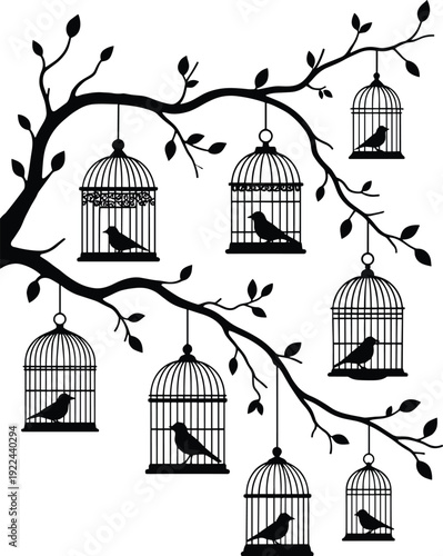 Black silhouette birdcages hanging on tree branches, vintage decorative wall art design with birds in cages, minimalist nature illustration concept