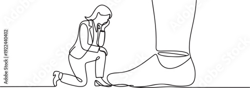 Single continuous line drawing businesswoman kneels and licks giant foot. Sacrificing self-esteem. Doing anything for profit. Make extra sacrifices for the team. one line Icon drawing