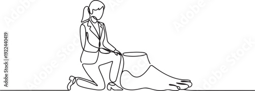 Single continuous line drawing businesswoman kneels and licks giant foot. Sacrificing self-esteem. Doing anything for profit. Make extra sacrifices for the team. one line Icon drawing