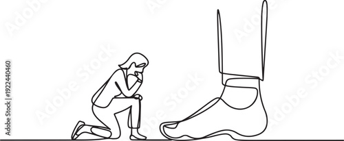 Single continuous line drawing businesswoman kneels and licks giant foot. Sacrificing self-esteem. Doing anything for profit. Make extra sacrifices for the team. one line Icon drawing