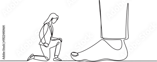 Single continuous line drawing businesswoman kneels and licks giant foot. Sacrificing self-esteem. Doing anything for profit. Make extra sacrifices for the team. one line Icon drawing