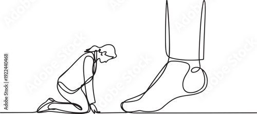 Single continuous line drawing businesswoman kneels and licks giant foot. Sacrificing self-esteem. Doing anything for profit. Make extra sacrifices for the team. one line Icon drawing
