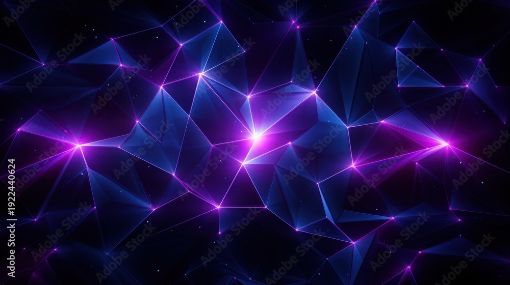 Obraz premium Futuristic glowing polygonal network with neon lights on dark background