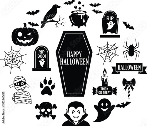 Happy Halloween coffin typography with spooky icons set, black silhouette vector illustration featuring pumpkin ghost bat skull and graveyard elements