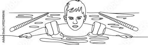 Single continuous line drawing a boy learns to swim using float. Aspiring to become a professional swimmer. Practice seriously. Newbie. National Learn to Swim Day. one line Icon drawing