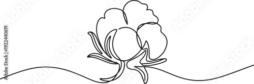 One continuous line drawing of whole soft and fluffy cotton flower for farming logo identity. Staple fiber flower concept for garden icon. one line Icon drawing