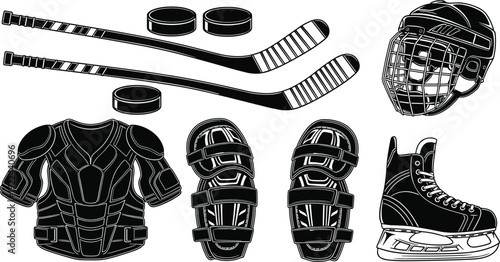Ice Hockey Equipment Set with Sticks Pucks Helmet Skates and Protective Gear, Black and White Vector Illustration Collection