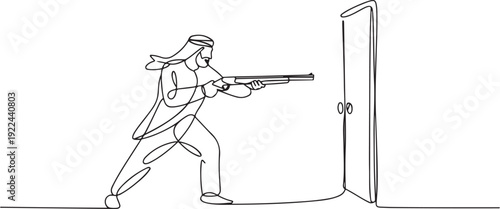Single one line drawing Arabic businessman pointing shotgun at doorknob. Business breakthrough struggle. The power to succeed. one line Icon drawing
