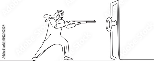 Single one line drawing Arabic businessman pointing shotgun at doorknob. Business breakthrough struggle. The power to succeed. one line Icon drawing