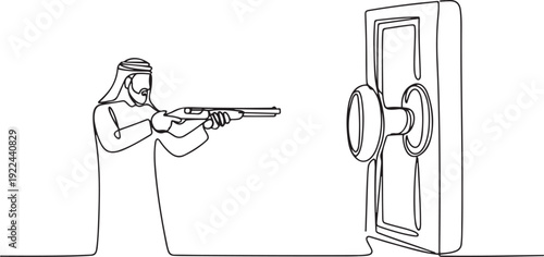 Single one line drawing Arabic businessman pointing shotgun at doorknob. Business breakthrough struggle. The power to succeed. one line Icon drawing