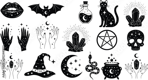 Mystic witchcraft symbols and magical Halloween elements set, black and white occult vector illustration with crystals moon cat skull and potion