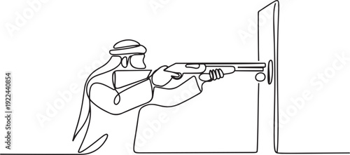 Single one line drawing Arabic businessman pointing shotgun at doorknob. Business breakthrough struggle. The power to succeed. one line Icon drawing
