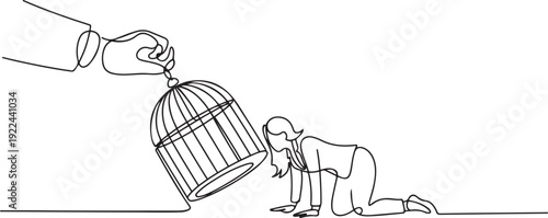 Continuous one line drawing big hand holds the cage want to catch crawling businesswoman. Losing streak. Lost on all fronts. Helpless businessman. Bankrupt. one line Icon drawing