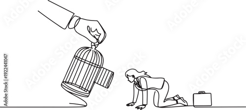 Continuous one line drawing big hand holds the cage want to catch crawling businesswoman. Losing streak. Lost on all fronts. Helpless businessman. Bankrupt. one line Icon drawing